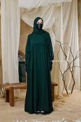 Hafiza Emerald Cotton Silk - Ikat Print Abaya Dress With Scarf - Beaded Accents