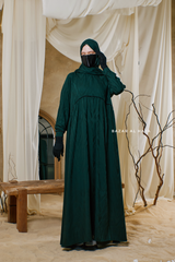 Hafiza Emerald Cotton Silk - Ikat Print Abaya Dress With Scarf - Beaded Accents