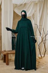 Hafiza Emerald Cotton Silk - Ikat Print Abaya Dress With Scarf - Beaded Accents
