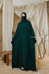 Hafiza Emerald Cotton Silk - Ikat Print Abaya Dress With Scarf - Beaded Accents