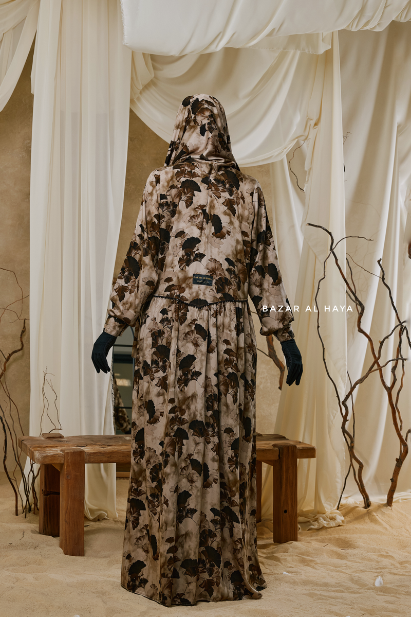 Hafiza Brown Coffee Floral Cupra Abaya Dress With Scarf