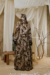 Hafiza Brown Coffee Floral Cupra Abaya Dress With Scarf - Beaded Accents