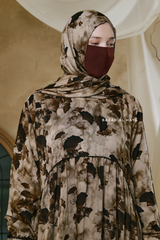 Hafiza Brown Coffee Floral Cupra Abaya Dress With Scarf - Beaded Accents