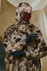 Hafiza Brown Coffee Floral Cupra Abaya Dress With Scarf - Beaded Accents