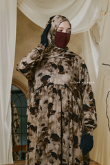 Hafiza Brown Coffee Floral Cupra Abaya Dress With Scarf - Beaded Accents