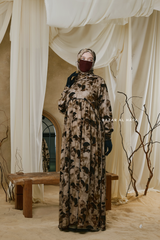 Hafiza Brown Coffee Floral Cupra Abaya Dress With Scarf - Beaded Accents