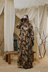 Hafiza Brown Coffee Floral Cupra Abaya Dress With Scarf - Beaded Accents