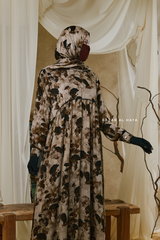 Hafiza Brown Coffee Floral Cupra Abaya Dress With Scarf - Beaded Accents