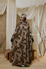 Hafiza Brown Coffee Floral Cupra Abaya Dress With Scarf - Beaded Accents