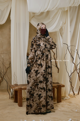 Hafiza Brown Coffee Floral Cupra Abaya Dress With Scarf - Beaded Accents