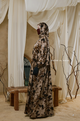 Hafiza Brown Coffee Floral Cupra Abaya Dress With Scarf - Beaded Accents