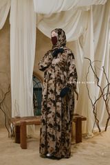 Hafiza Brown Coffee Floral Cupra Abaya Dress With Scarf - Beaded Accents