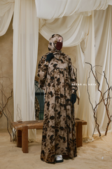 Hafiza Brown Coffee Floral Cupra Abaya Dress With Scarf - Beaded Accents