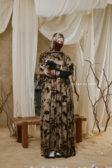Hafiza Brown Coffee Floral Cupra Abaya Dress With Scarf - Beaded Accents
