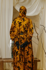 Hafiza Yellow Gold Floral Cupra Abaya Dress With Scarf - Beaded Accents