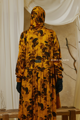 Hafiza Yellow Gold Floral Cupra Abaya Dress With Scarf - Beaded Accents