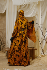 Hafiza Yellow Gold Floral Cupra Abaya Dress With Scarf - Beaded Accents