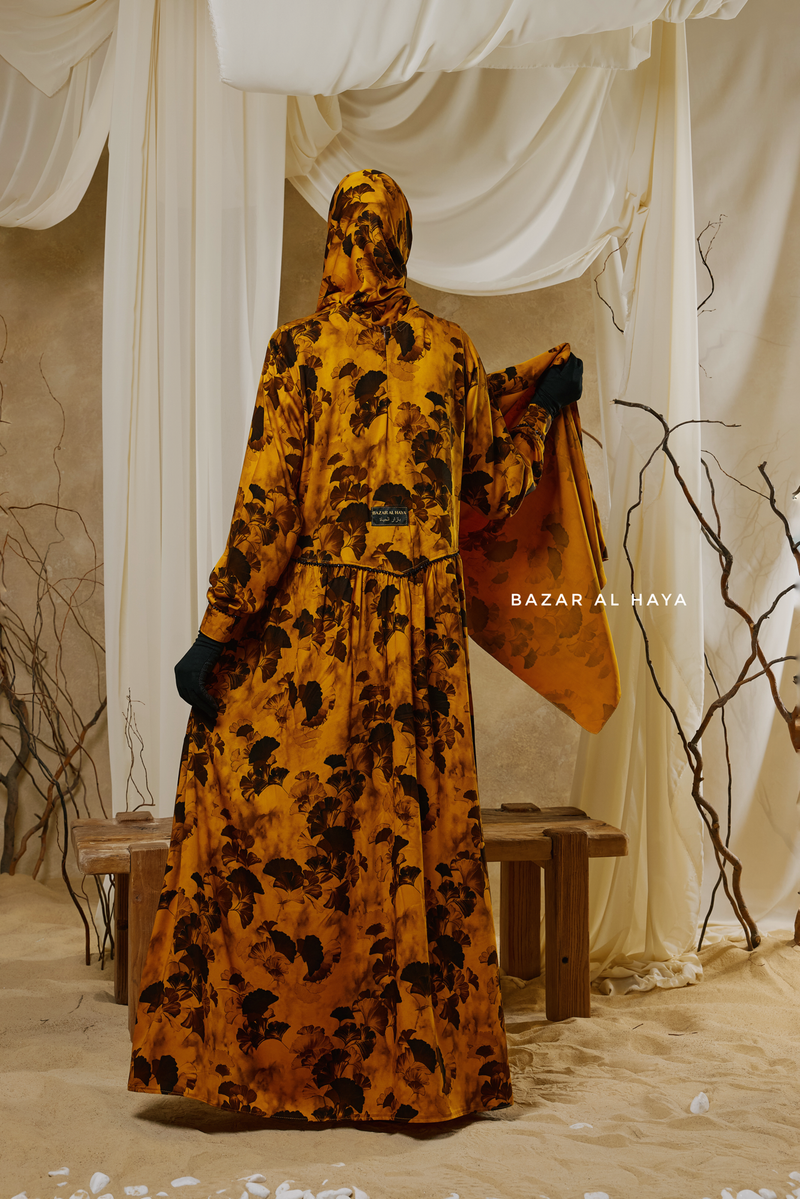 gold abaya dress Hafiza Yellow Floral Cupra With Scarf occasion:Cocktail
