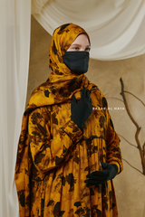 Hafiza Yellow Gold Floral Cupra Abaya Dress With Scarf - Beaded Accents