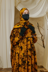 Hafiza Yellow Gold Floral Cupra Abaya Dress With Scarf - Beaded Accents