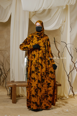 Hafiza Yellow Gold Floral Cupra Abaya Dress With Scarf - Beaded Accents