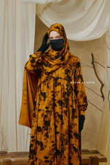 Hafiza Yellow Gold Floral Cupra Abaya Dress With Scarf - Beaded Accents