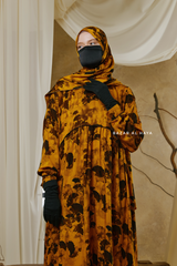 Hafiza Yellow Gold Floral Cupra Abaya Dress With Scarf - Beaded Accents