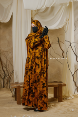 Hafiza Yellow Gold Floral Cupra Abaya Dress With Scarf - Beaded Accents