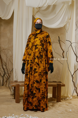 Hafiza Yellow Gold Floral Cupra Abaya Dress With Scarf - Beaded Accents