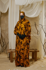 Hafiza Yellow Gold Floral Cupra Abaya Dress With Scarf - Beaded Accents