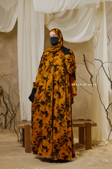 Hafiza Yellow Gold Floral Cupra Abaya Dress With Scarf - Beaded Accents