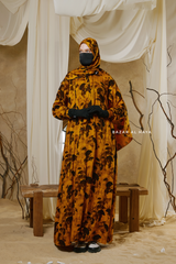 Hafiza Yellow Gold Floral Cupra Abaya Dress With Scarf - Beaded Accents