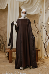 Chocolate Zaynab Beaded Ikat Cotton Silk Open Abaya With Slip Dress Set - 3 Piece
