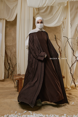 Chocolate Zaynab Beaded Ikat Cotton Silk Open Abaya With Slip Dress Set - 3 Piece