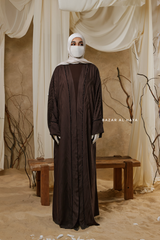 Chocolate Zaynab Beaded Ikat Cotton Silk Open Abaya With Slip Dress Set - 3 Piece