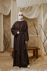 Chocolate Zaynab Beaded Ikat Cotton Silk Open Abaya With Slip Dress Set - 3 Piece