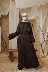 Chocolate Zaynab Beaded Ikat Cotton Silk Open Abaya With Slip Dress Set - 3 Piece