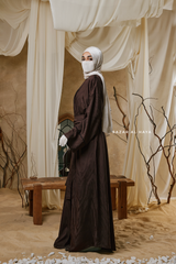 Chocolate Zaynab Beaded Ikat Cotton Silk Open Abaya With Slip Dress Set - 3 Piece