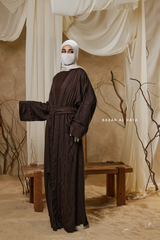 Chocolate Zaynab Beaded Ikat Cotton Silk Open Abaya With Slip Dress Set - 3 Piece