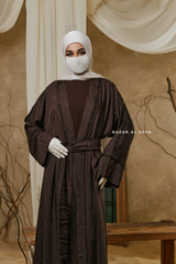 Chocolate Zaynab Beaded Ikat Cotton Silk Open Abaya With Slip Dress Set - 3 Piece