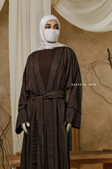 Chocolate Zaynab Beaded Ikat Cotton Silk Open Abaya With Slip Dress Set - 3 Piece