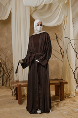 Chocolate Zaynab Beaded Ikat Cotton Silk Open Abaya With Slip Dress Set - 3 Piece