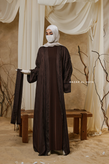 Chocolate Zaynab Beaded Ikat Cotton Silk Open Abaya With Slip Dress Set - 3 Piece
