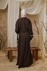 Chocolate Zaynab Beaded Ikat Cotton Silk Open Abaya With Slip Dress Set - 3 Piece
