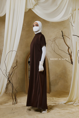 Chocolate Zaynab Beaded Ikat Cotton Silk Open Abaya With Slip Dress Set - 3 Piece