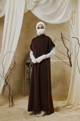 Chocolate Zaynab Beaded Ikat Cotton Silk Open Abaya With Slip Dress Set - 3 Piece