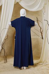 Navy Zaynab Beaded Ikat Cotton Silk Open Abaya With Slip Dress Set - 3 Piece