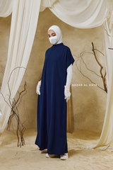 Navy Zaynab Beaded Ikat Cotton Silk Open Abaya With Slip Dress Set - 3 Piece