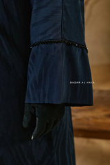 Navy Zaynab Beaded Ikat Cotton Silk Open Abaya With Slip Dress Set - 3 Piece