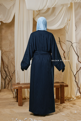 Navy Zaynab Beaded Ikat Cotton Silk Open Abaya With Slip Dress Set - 3 Piece